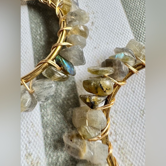 New Natural Labradorite Stone Wire Wrapped Gold Tone Hoop Earrings - 2” - Picture 3 of 9
